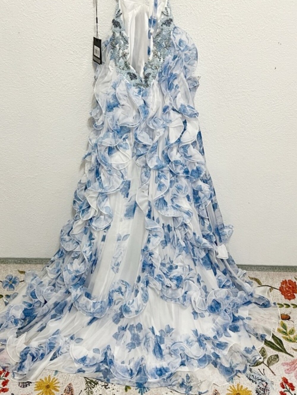 NWT Mac Duggal Floral Lace Up Tie Back Ruffle Shoulder Embellished Gown 2220 - Picture 11 of 12